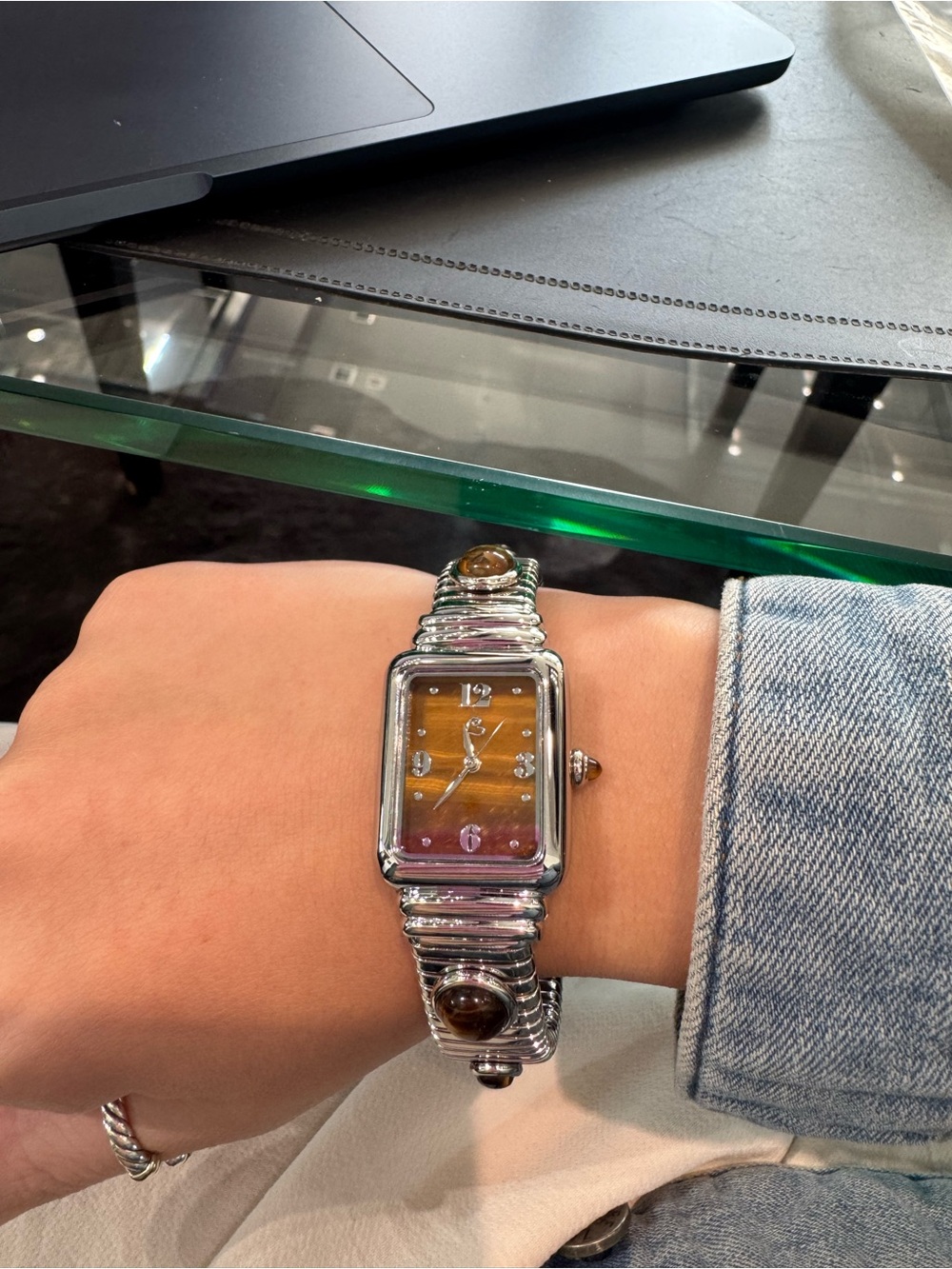 Colleen Lopez Stainless Steel Gemstone Dial Cuff Watch - Tiger's Eye Edition